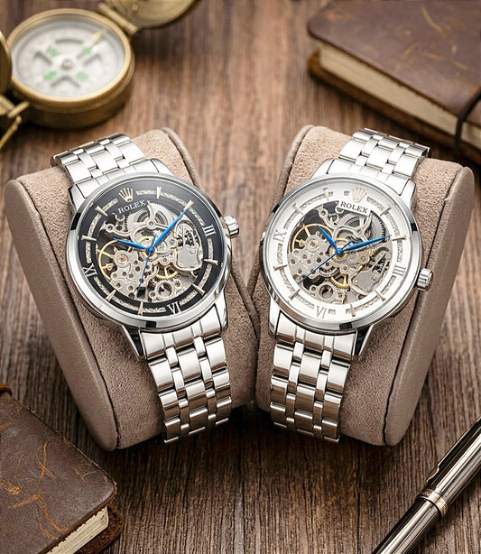 Rolex Skeleton Automatic Watch | Stainless Steel Chain See |Through Gents Timepiece