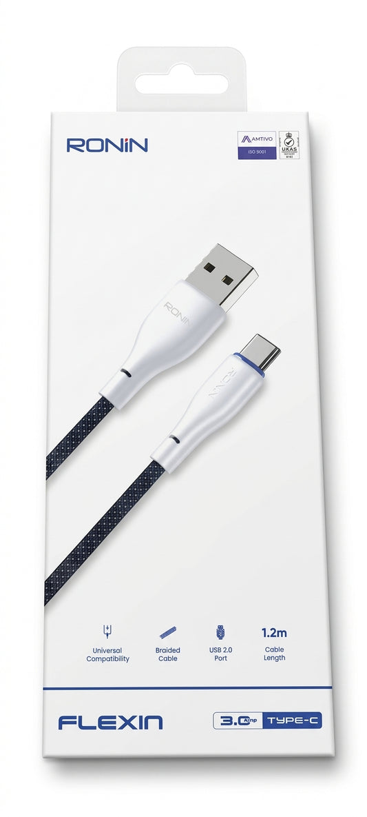 Ronin Flexin 3.0A Type-C fast charging cable with durable braided nylon cover