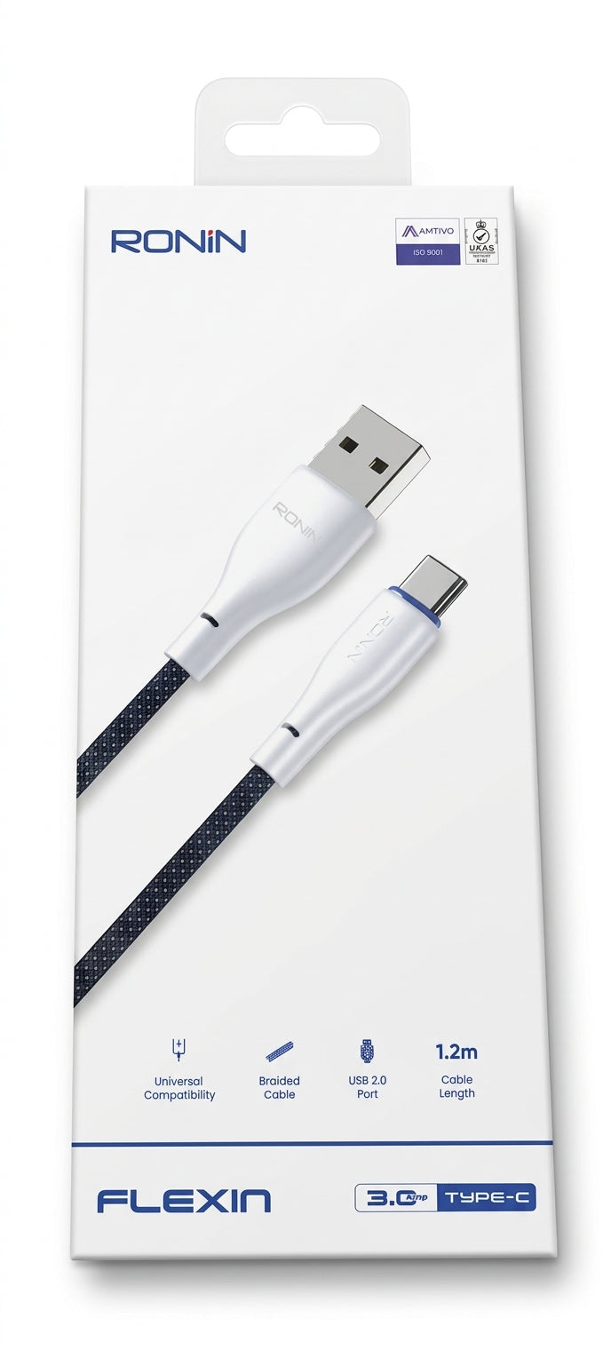 Ronin Flexin 3.0A Type-C fast charging cable with durable braided nylon cover