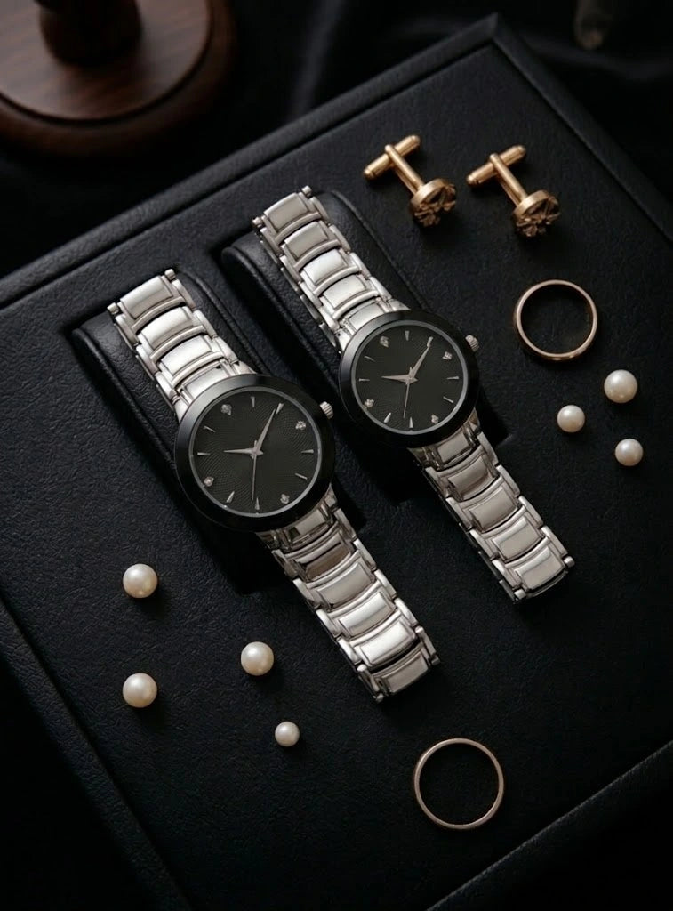 Luxury Couple Wristwatch Set | Silver & Black Steel Chain | SUPERSTON Model No. 2 ā Sanariz