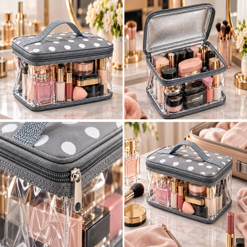 Transparent Cosmetic Organizer Bag with Handle | Travel Makeup Pouch