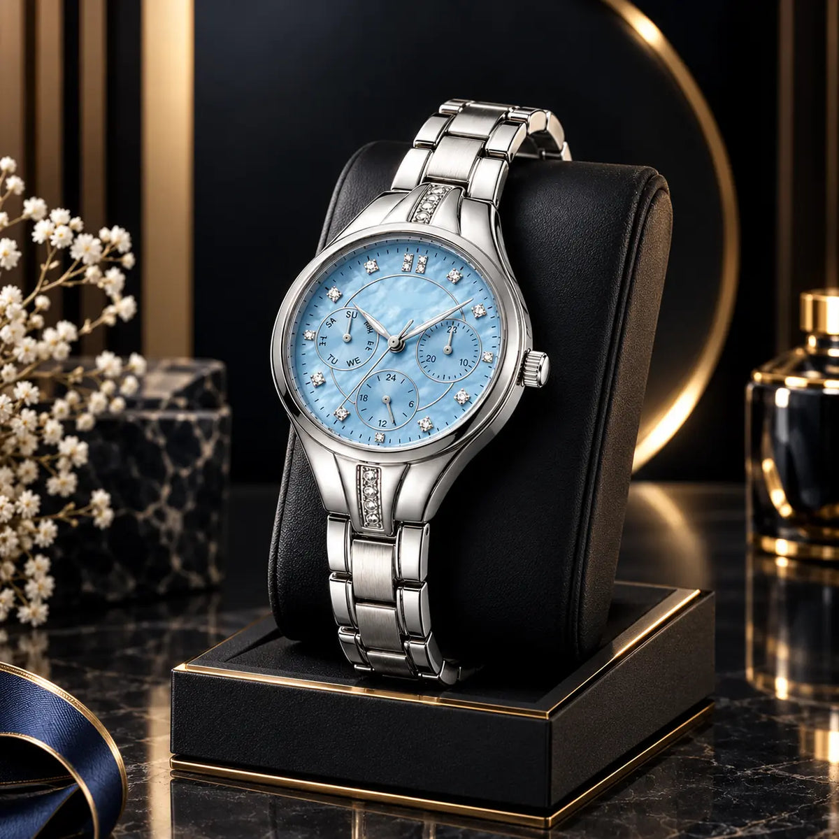 Ladies Multi-Function Watch | Silver Stainless Steel & Light Blue Dial | F&D Timeless Elegance