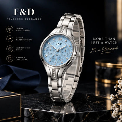 Ladies Multi-Function Watch | Silver Stainless Steel & Light Blue Dial | F&D Timeless Elegance