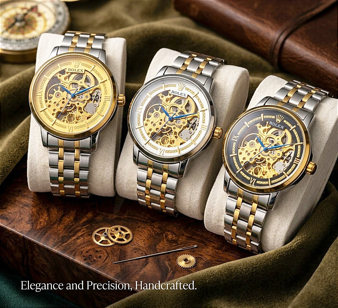 Rolex Skeleton Automatic Watch | Stainless Steel Chain See |Through Gents Timepiece