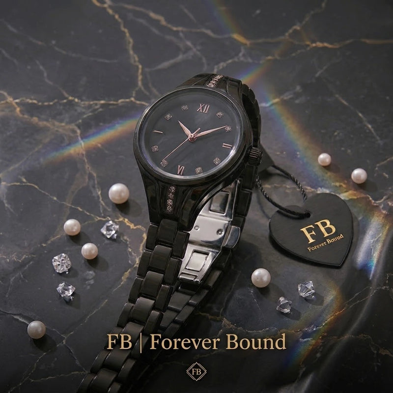 Ladies Luxury Jewelry Watch | Black Open-Chain Link Strap &amp; Crystal Dial – Sanariz