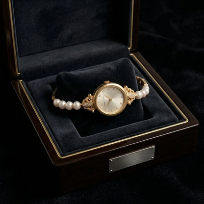 Ladies Pearl & Gold Jewelry Wristwatch | Open Chain Pearl Bracelet | Pearl & Nieru Fancy Collection