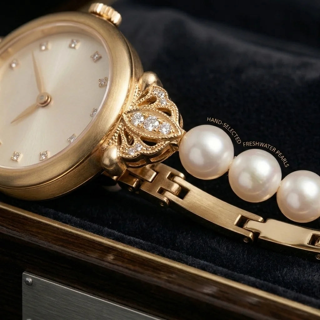Ladies Pearl & Gold Jewelry Wristwatch | Open Chain Pearl Bracelet | Pearl & Nieru Fancy Collection