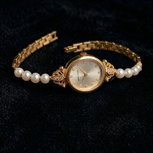 Ladies Pearl & Gold Jewelry Wristwatch | Open Chain Pearl Bracelet | Pearl & Nieru Fancy Collection