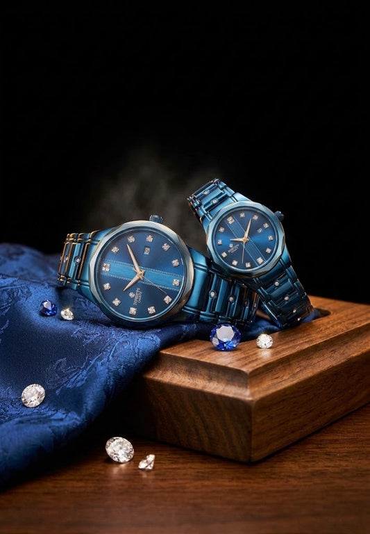 Luxury Couple Wristwatch Set | Blue Steel Chain &amp; Brass Case | SUPERSTON Model No. 2 – Sanariz