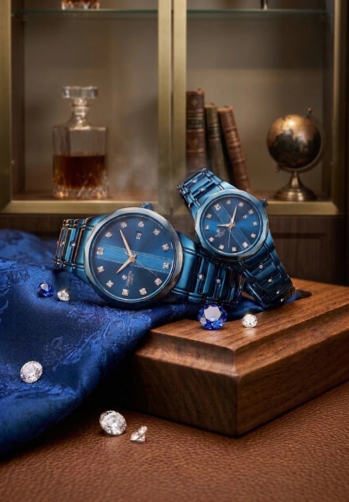 Luxury Couple Wristwatch Set | Blue Steel Chain &amp; Brass Case | SUPERSTON Model No. 2 – Sanariz