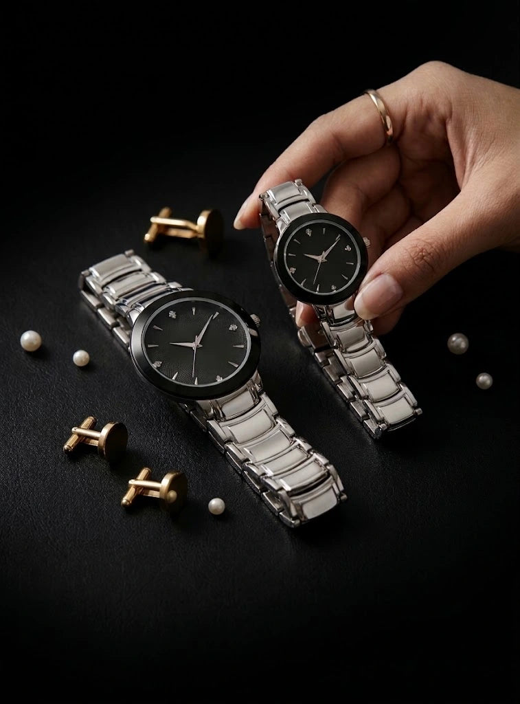 Luxury Couple Wristwatch Set | Silver &amp; Black Steel Chain | SUPERSTON Model No. 2 – Sanariz