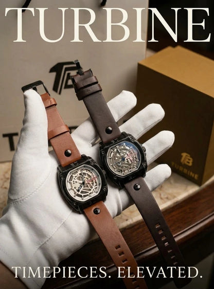 Turbine Model No. 6  |  Skeleton Dial Men's Watch  | Brass Case & Stitched Leather Strap