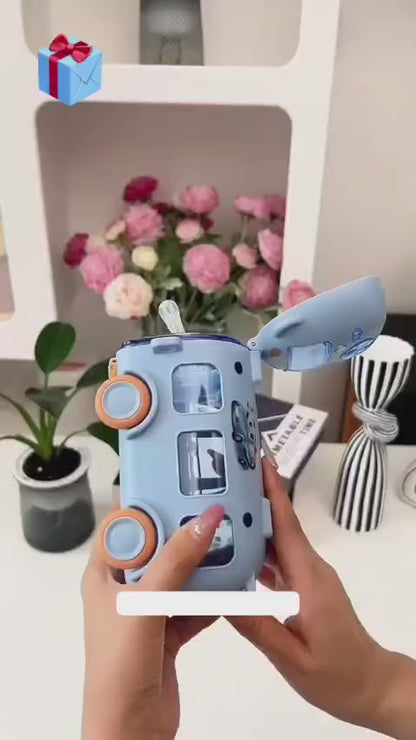 Bus Shaped Water Bottle For Kids 500ml | Straw & Strap