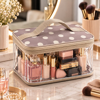 Transparent Cosmetic Organizer Bag with Handle showing stored makeup products on vanity table sanariz