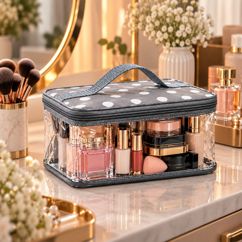 Transparent Cosmetic Organizer Bag with Handle | Travel Makeup Pouch